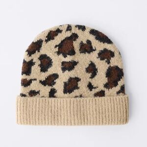 Zara Beige Leopard Print Knit Beanie